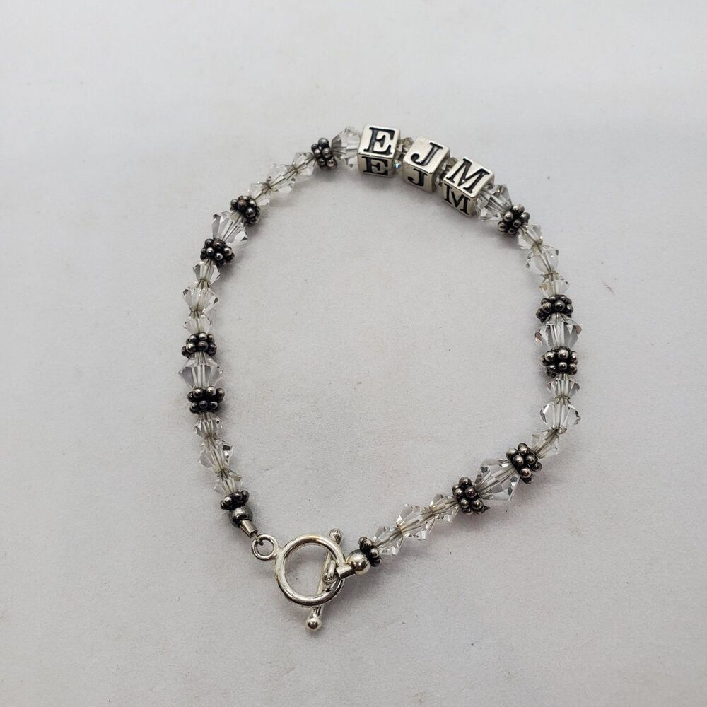 Sterling Silver E J M Initial and Bead Toggle Clasp Bracelet 7" 925